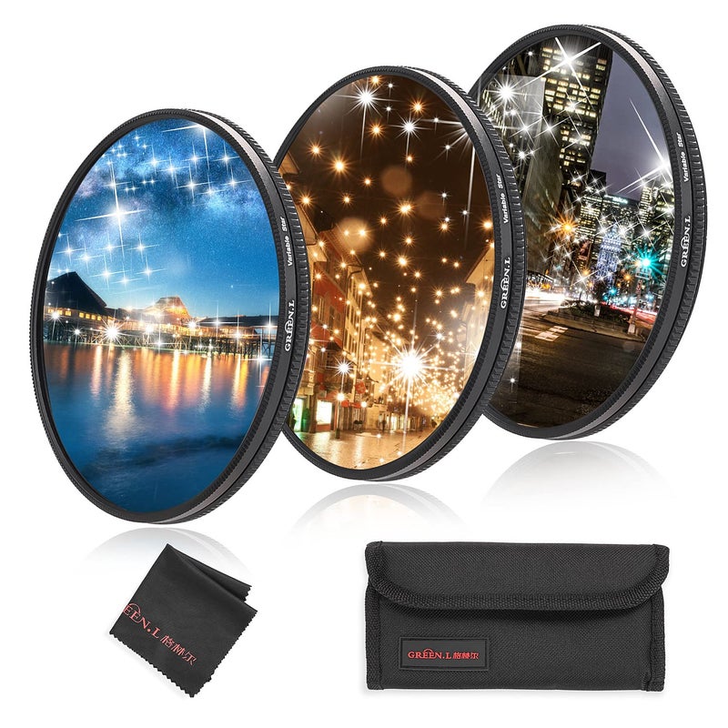 GREEN.L 72mm Variable Star Filter 468 Cross Screen Starburst - Rotatable Star Filter Kit with 3 Filters for Portraits Cityscapes Lights - Includes Pouch & Cloth - Image 1